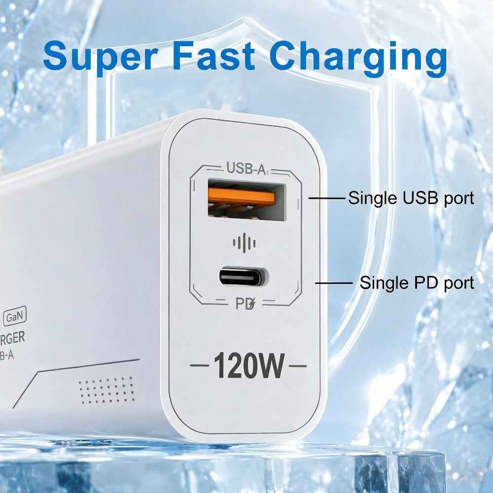 Carregador USB C GaN de 120W com 2 portas, carregamento rápido para iPhone, Sams