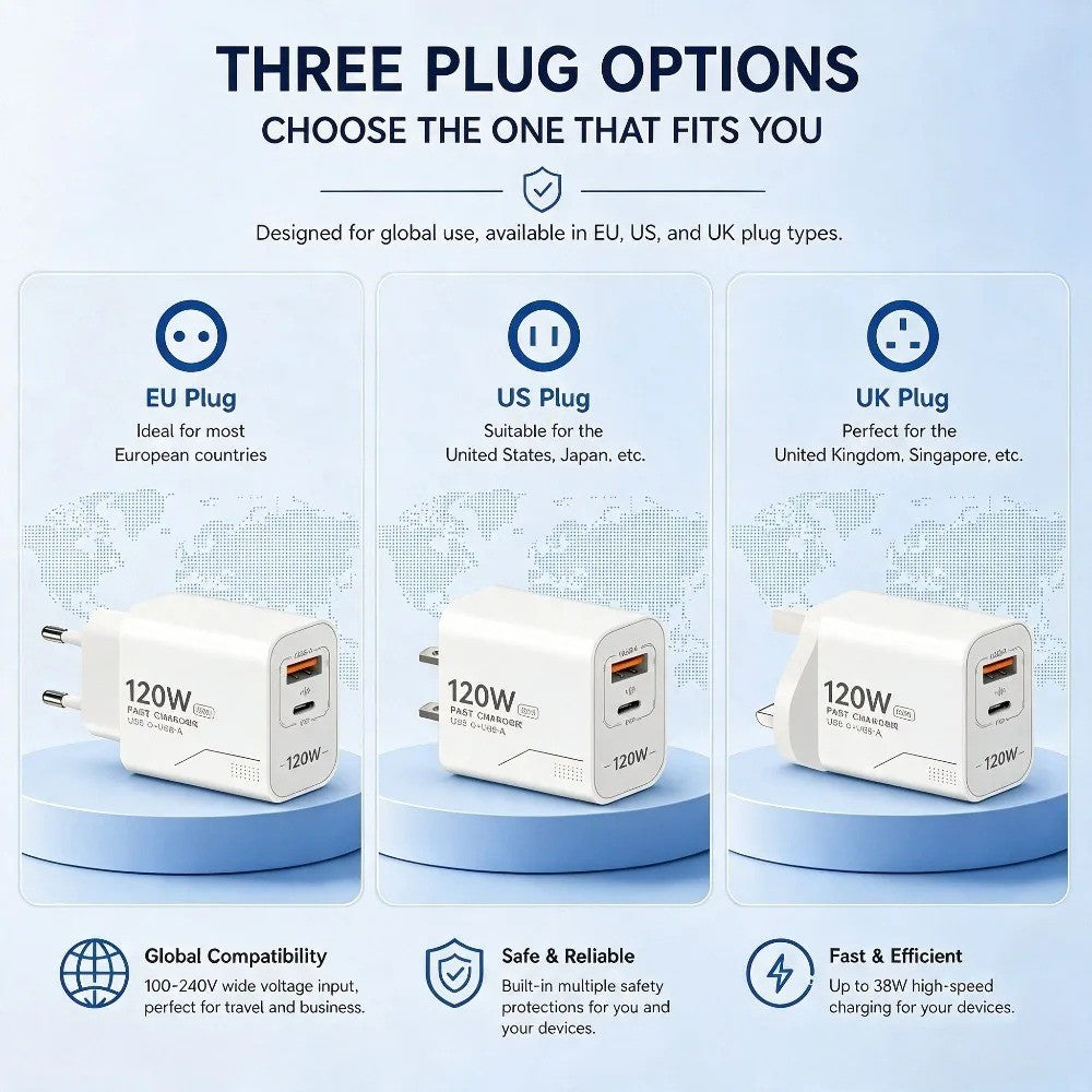 Carregador USB C GaN de 120W com 2 portas, carregamento rápido para iPhone, Sams