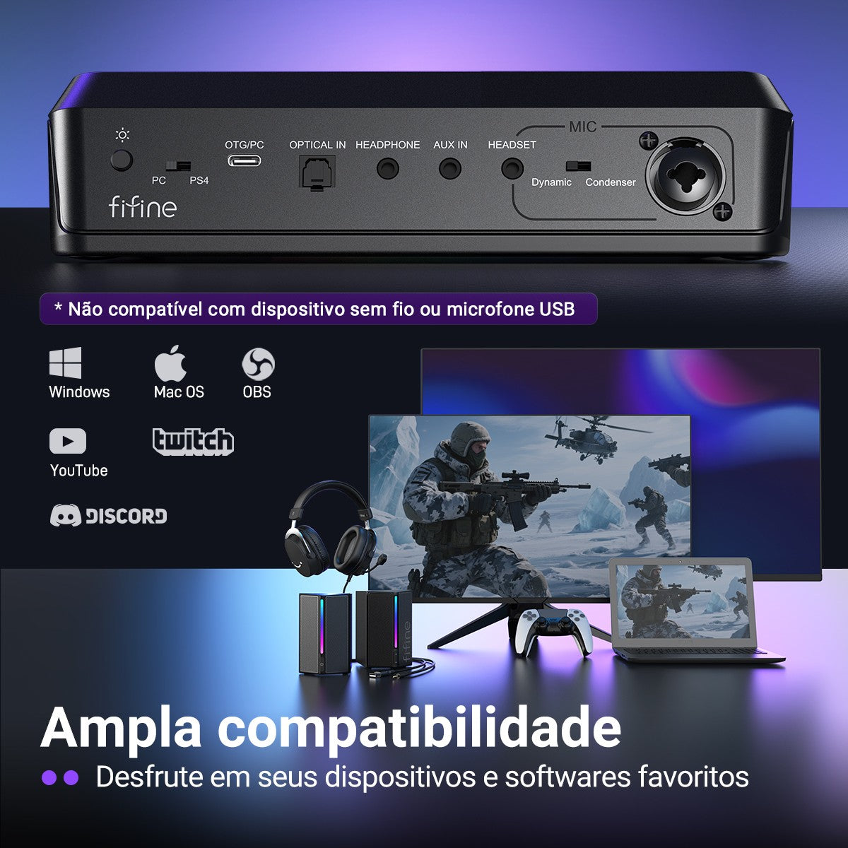 FIFINE Mixer de jogos com RGB para chat de voz / streaming / podcast, Mixer de á