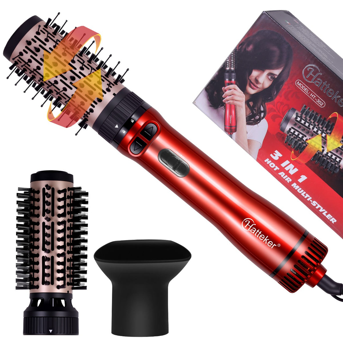 Hatteker EU Escova de Ar Quente com 3 Cabeças, Secador de Cabelo, Alisador Elétr