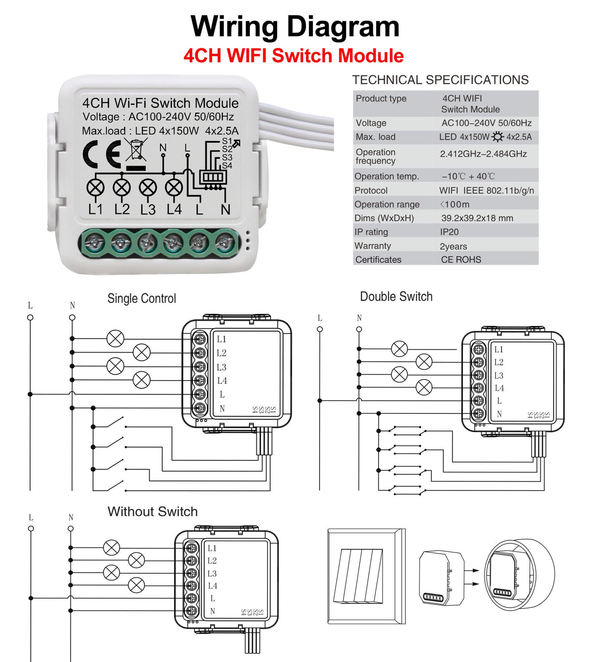 Módulo de interruptor inteligente tuya wifi suporta controle de 2 vias, controle