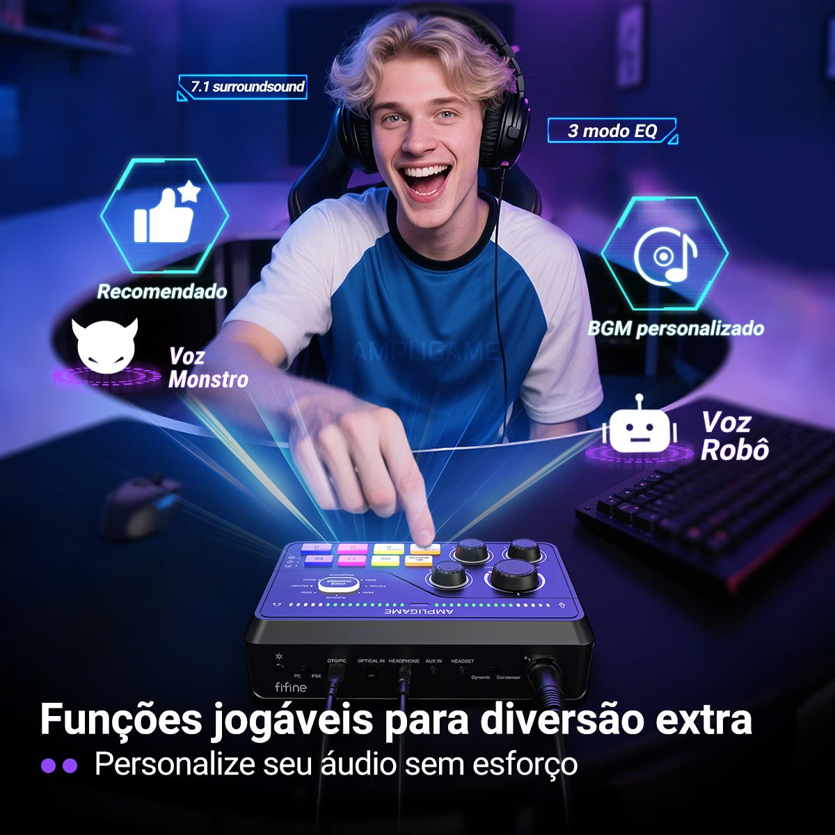 FIFINE Mixer de jogos com RGB para chat de voz / streaming / podcast, Mixer de á