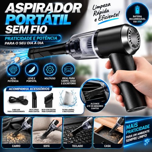 Aspirador de Pó Portátil Tipo Pistola Compacto com Acessórios para Carro Casa Te