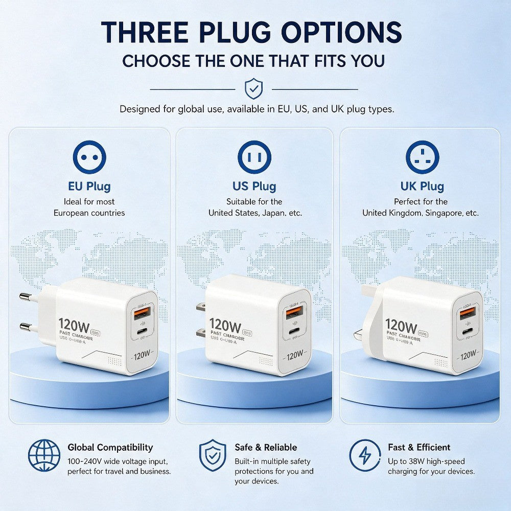 Carregador USB C GaN de 120W com 2 portas, carregamento rápido para iPhone, Sams