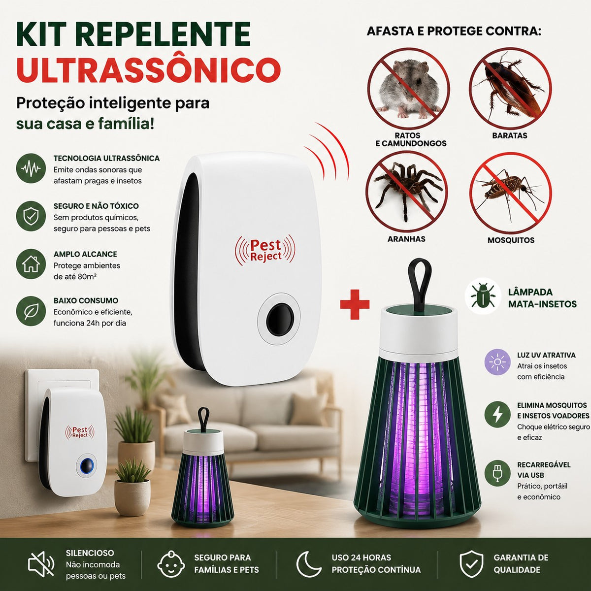 Kit Duplo Anti Pragas Ecológico Repelente Eletrico e Armadilha LED Proteção 24 H