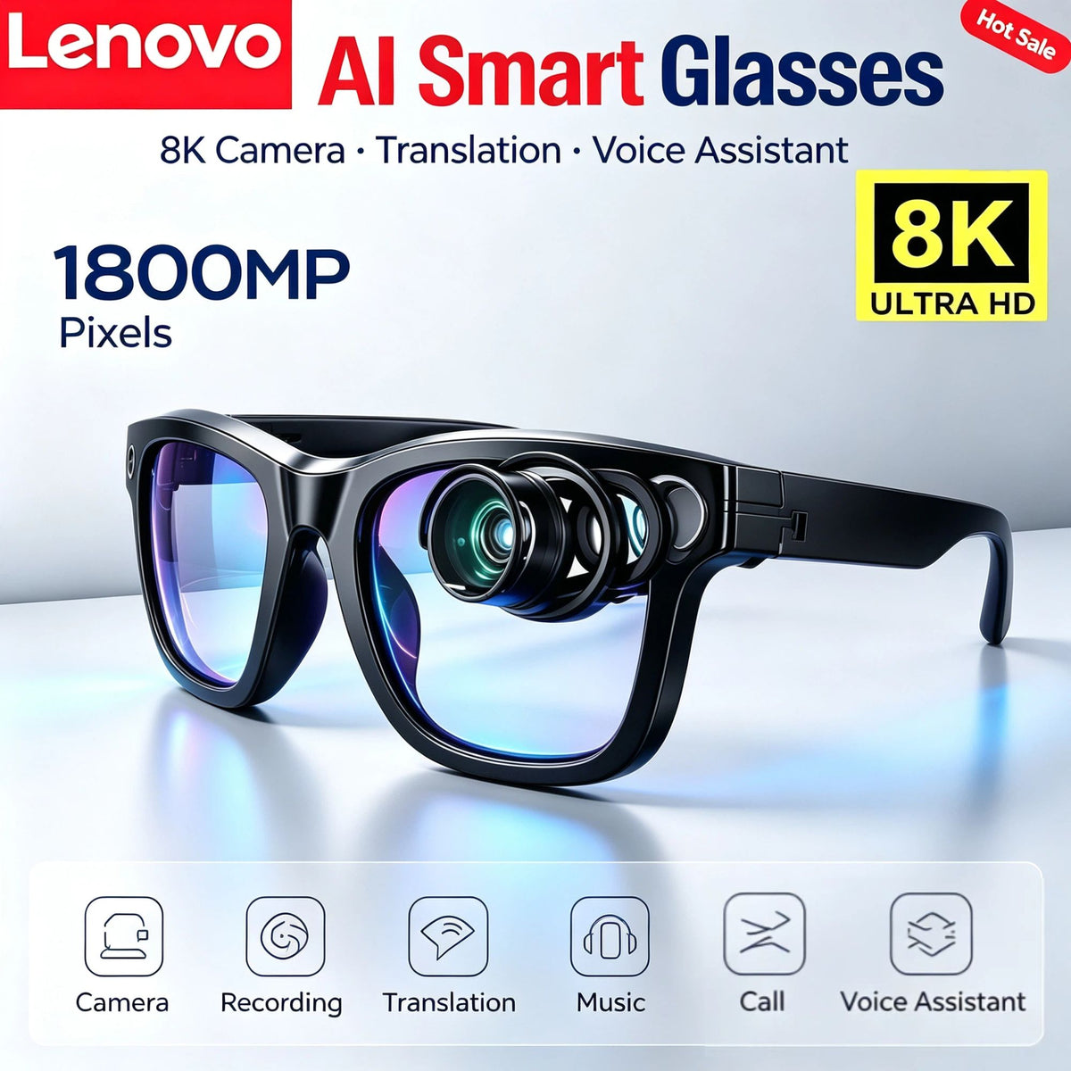 Óculos Inteligentes Lenovo AI 8K 4KHD, Chamadas Sem Fio, Tradução por AI, ChatGP