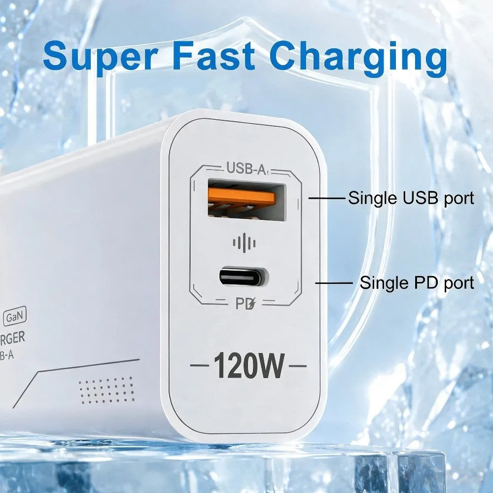 Carregador USB C GaN de 120W com 2 portas, carregamento rápido para iPhone, Sams