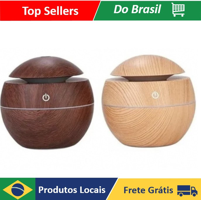 Mini Umidificador de Ar e Aromatizador de Ambientes Tipo Madeira Bola