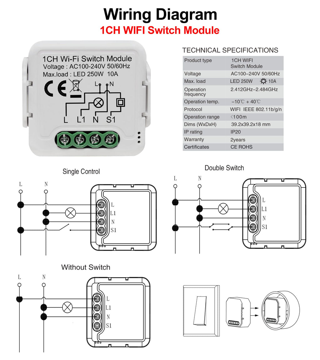 Módulo de interruptor inteligente tuya wifi suporta controle de 2 vias, controle