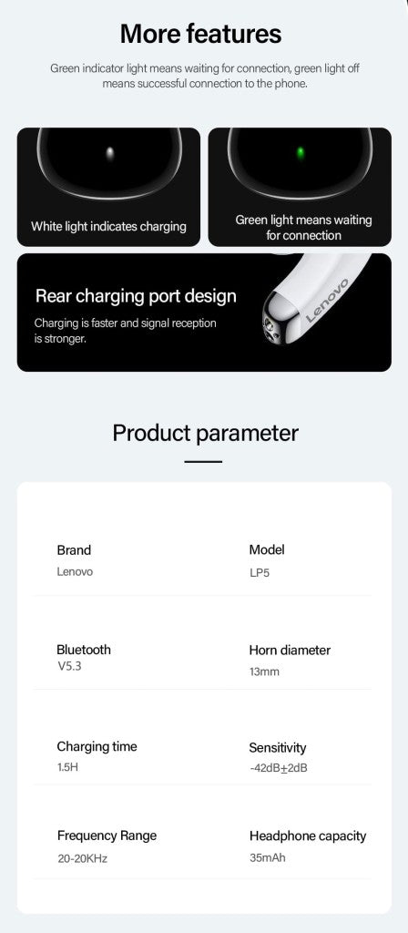 Lenovo-LP5 Fones De Ouvido Sem Fio Bluetooth, Fones De Música HiFi, Fones De Ouv