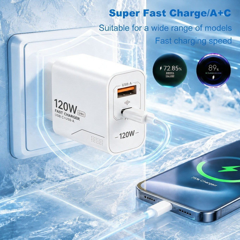 Carregador USB C GaN de 120W com 2 portas, carregamento rápido para iPhone, Sams