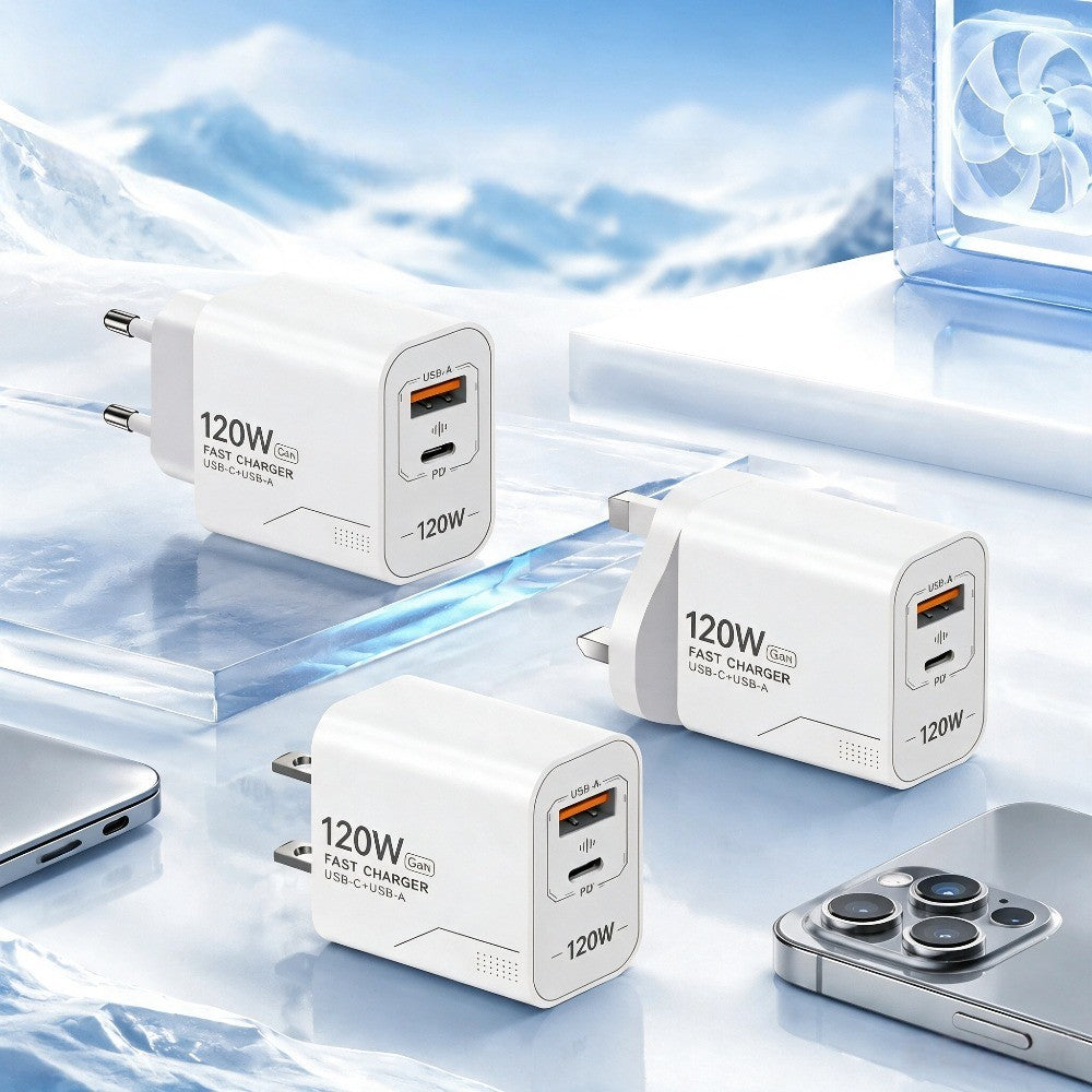 Carregador USB C GaN de 120W com 2 portas, carregamento rápido para iPhone, Sams