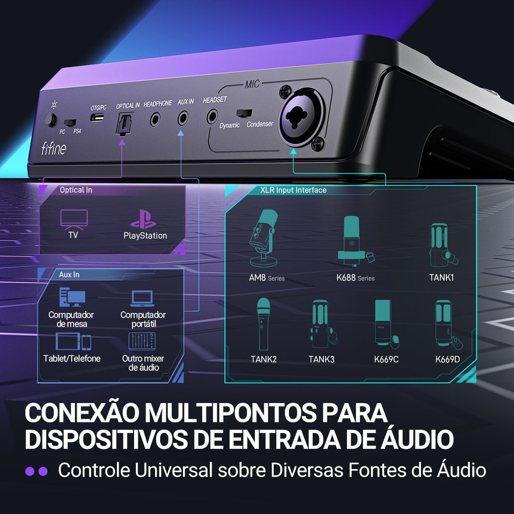 FIFINE Mixer de jogos com RGB para chat de voz / streaming / podcast, Mixer de á