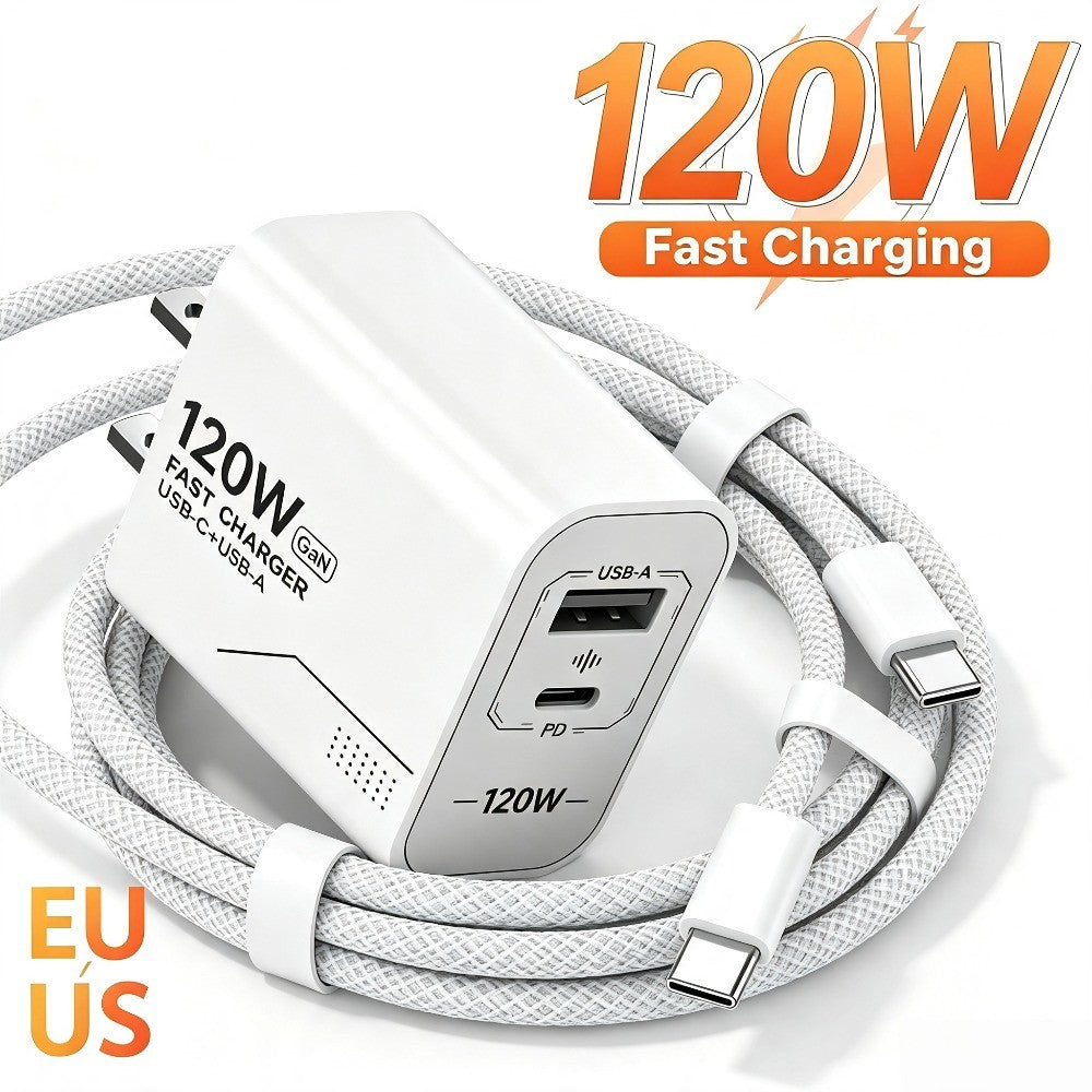 Carregador USB C GaN de 120W com 2 portas, carregamento rápido para iPhone, Sams