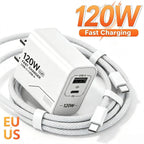 Carregador USB C GaN de 120W com 2 portas, carregamento rápido para iPhone, Sams